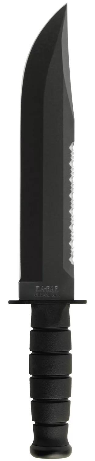 Ka-Bar 2211 Big Brother9.38″ Fixed Top Serrated/Bottom Straight Plain Black 1095 Cro-Van Blade, Black Kraton G Handle, Includes Sheath