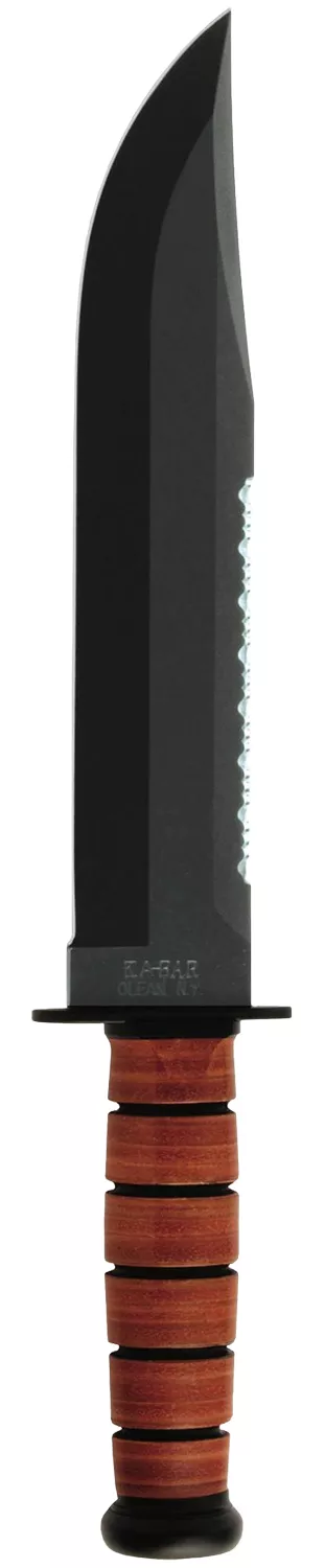 Ka-Bar 2217 Big Brother9.38″ Fixed Clip Point Part Serrated Black 1095 Cro-Van Blade, Brown Leather Handle, Includes Sheath