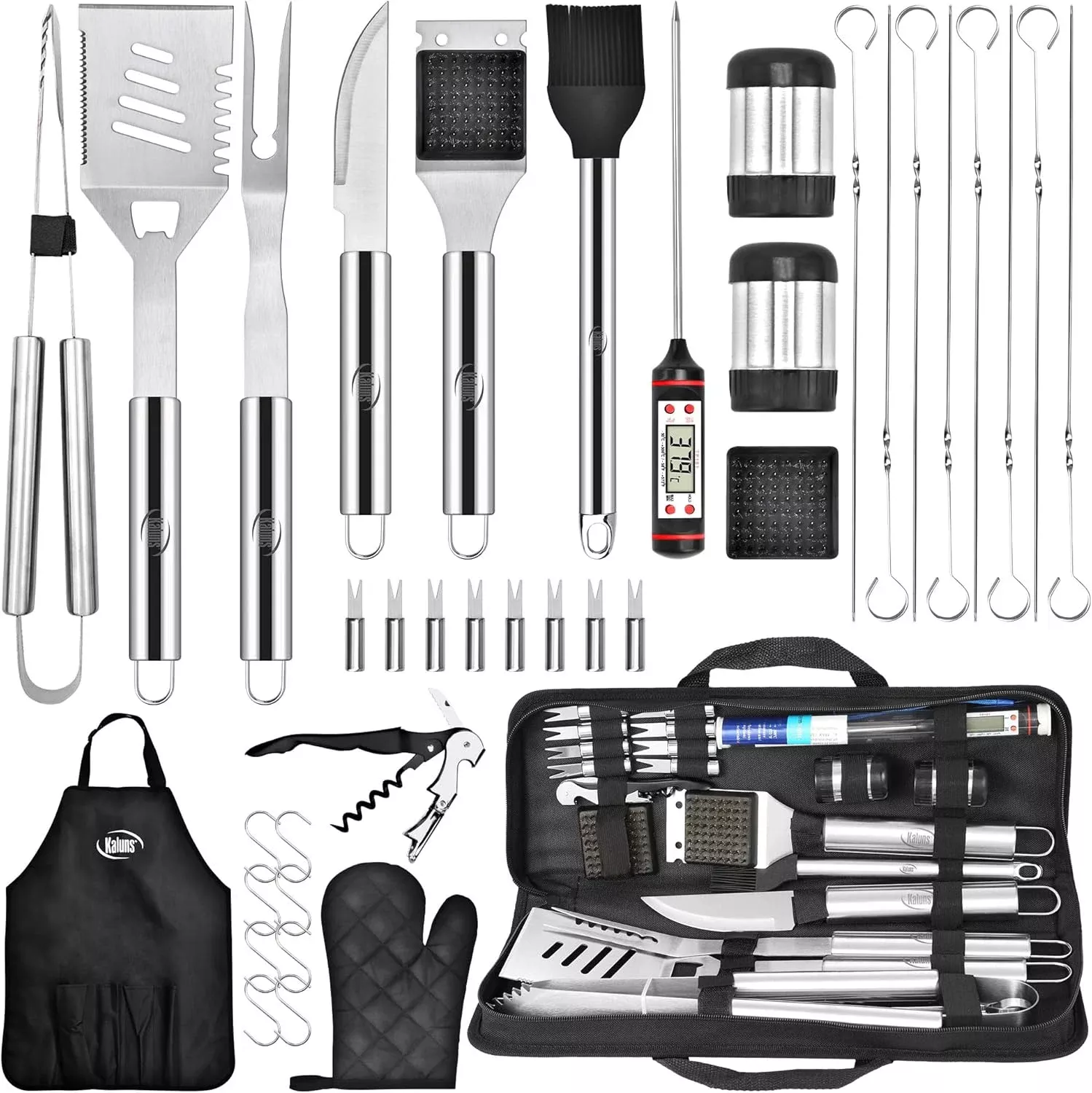 Kaluns Grilling Accessories, Dad Gifts for Christmas Grilling Gifts, Heavy Duty Stainless Steel Grill Set BBQ Grill Accessories for Outdoor Grill with Aluminum Case and Apron, Best Gifts for Men Dad
