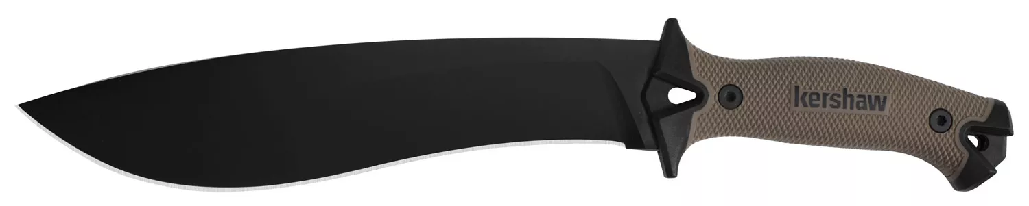 Kershaw 1077TAN Camp 10 10″ Black Powder Coated 65Mn Carbon Steel Blade Black/Tan Glass-Filled Nylon Handle 16″ Long Includes Sheath