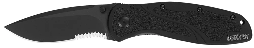 Kershaw 1670BLKST Blur3.40″ Folding Drop Point w/Recurve Part Serrated Black DLC 14C28N Steel Blade Black Anodized Aluminum Handle Includes Pocket Clip