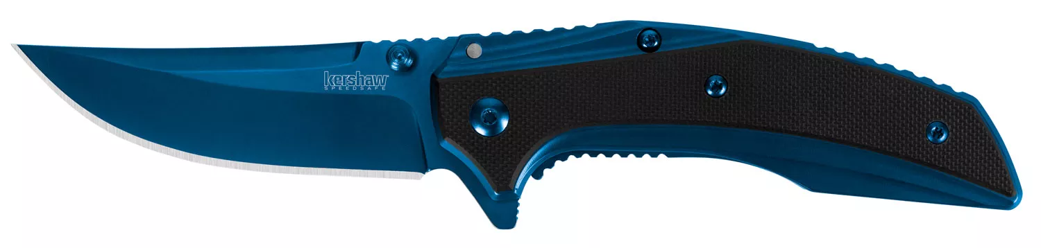 Kershaw 8320 Outright3″ Folding Trailing Point Plain Blue PVD 8Cr13MoV SS Blade Black/Blue G10/SS Handle Includes Pocket Clip