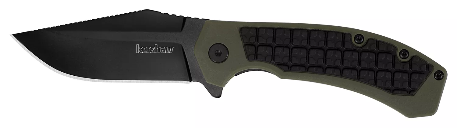 Kershaw 8760 Faultline3″ Folding Drop Point Plain Black Oxide 8Cr13MoV SS Blade Black/OD Green Glass-Filled Nylon Handle Includes Pocket Clip