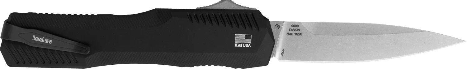 Kershaw 9000 Livewire3.30″ OTF Spear Point Plain Stonewashed CPM 20V SS Blade/ Textured Black Anodized Aluminum Handle Includes Pocket Clip