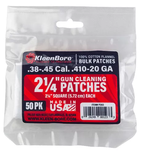 KleenBore P203 Super Shooter.38/ .45 Cal 20/.410 Gauge 2.25" 100% Cotton Flannel 50 Per Pack