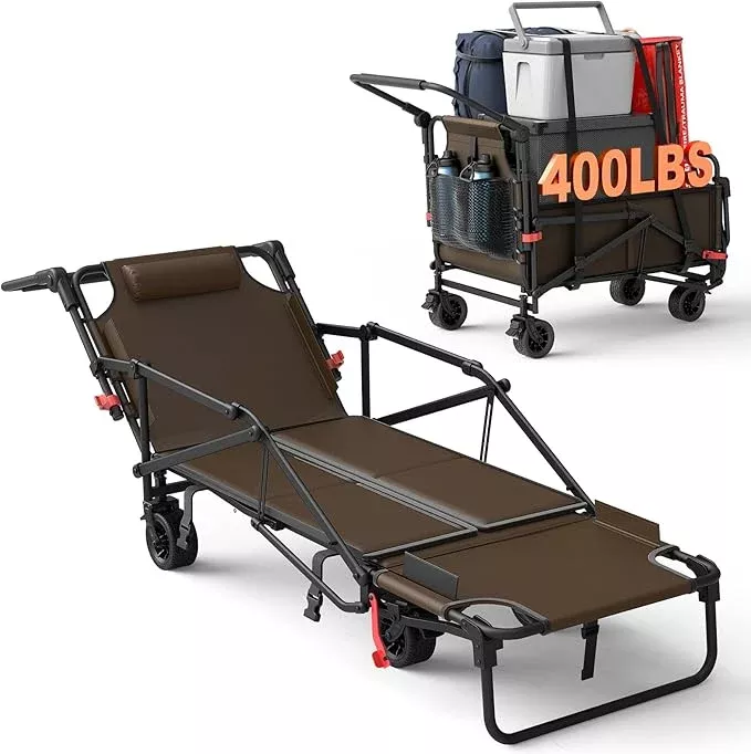 LEVELEVE Heavy Duty Folding Wagon - 2-in-1 Collapsible Cart, 400lb Capacity, All-Terrain Wheels w/Brakes & Side Pockets (Army Green)