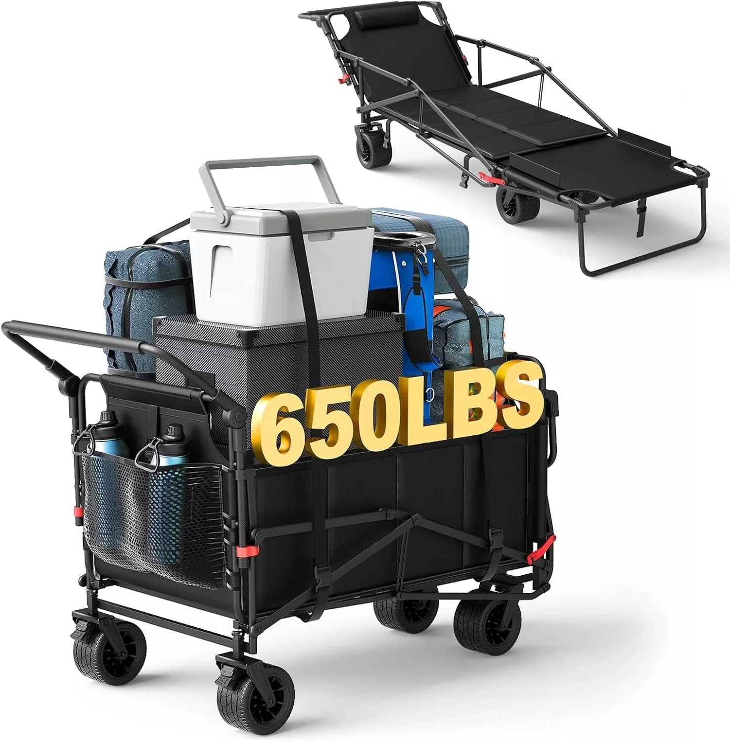 LEVELEVE Heavy Duty Folding Wagon - 2-in-1 Collapsible Cart, 650lb Capacity, All-Terrain Wheels w/Brakes & Side Pockets (Army Green)