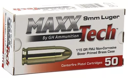Maxxtech Brass Casefire Handgun Ammunition 9mm Luger 115 gr FMJ 50/ct