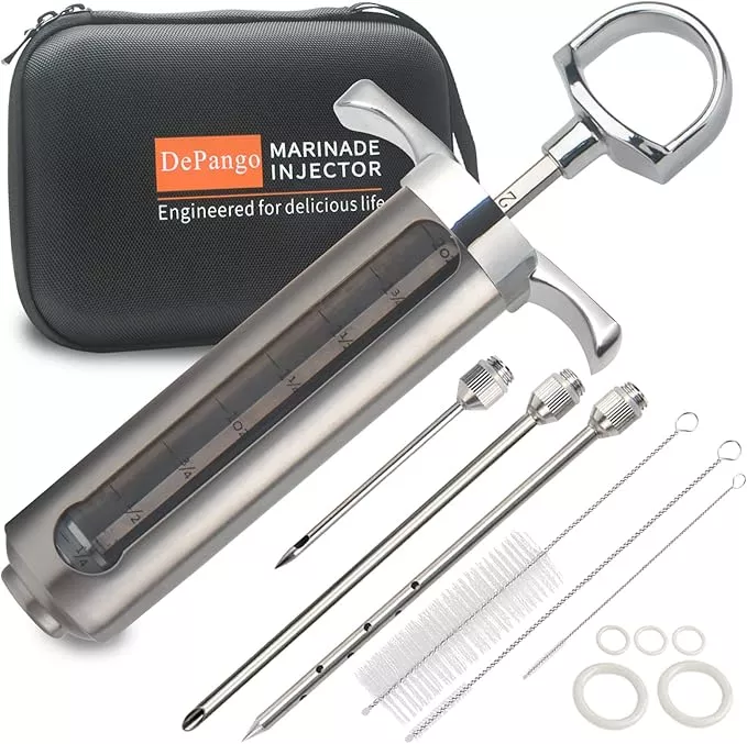 Meat Injector, Stainless Steel Marinade Injector Flavor Syringe Kit with 2-oz Measurement Window for Smoker Food BBQ Grill, Cooking Turkey Chicken Steak Beef Brisket Pork-Chops, 3 Meat Needles