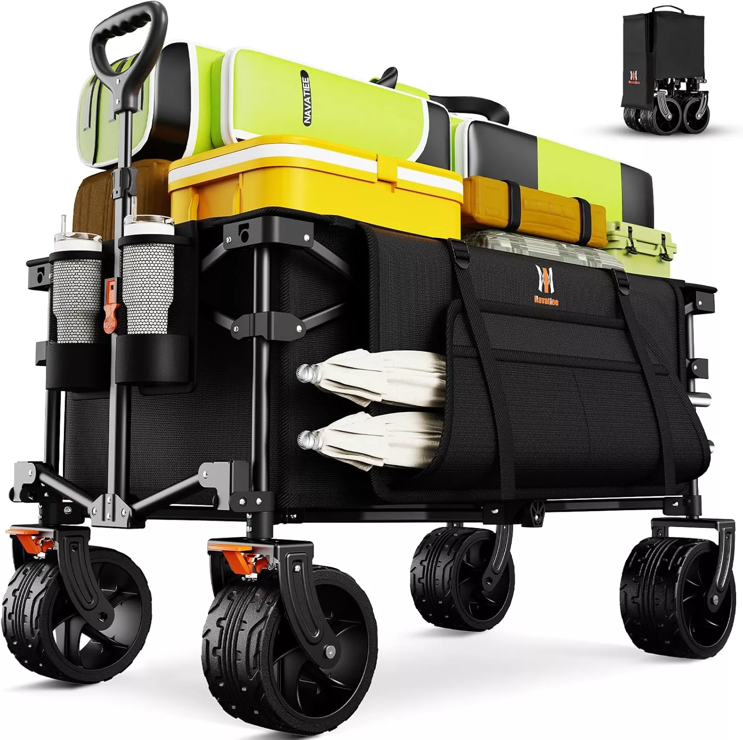 Navatiee Big Wheels Collapsible Wagon Cart Foldable, Heavy Duty Beach Wagon with Silent All-Terrain Wheels, Folding Utility Grocery Cart with Side Pocket and Brakes for Camping Garden Sports, Gray