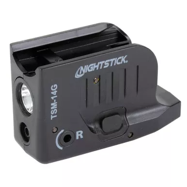 Nightstick TSM-14G, Subcompact Tactical Weapon-Mounted Light with Green Laser, Fits Glock 43/43X/48 MOS, 150 Lumens, 2,700 Candela, Black, .75 Hours of Runtime, IP-X4 Water-Resistant, Rechargeable Battery TSM-14G