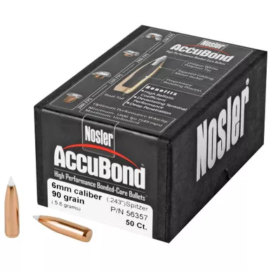 Nosler AccuBond, .243 Diameter, 6MM/243 Winchester, Spitzer Boat Tail, 50 Count 56357