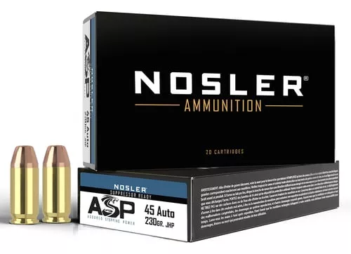 Nosler ASP Suppressor Ready Handgun Ammunition .45 ACP 230gr JHP 850 fps 50/ct