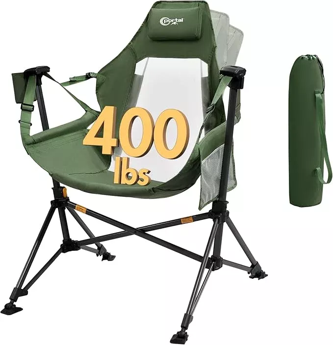 Portal Hammock Camping Chair, Portable Outdoor Swinging Chairs, Rocking Chair for Adults with Adjustable Back and Height for Lawn, Backyard, Patio, Supports 400 lbs, Breathable Mesh High Back, Black
