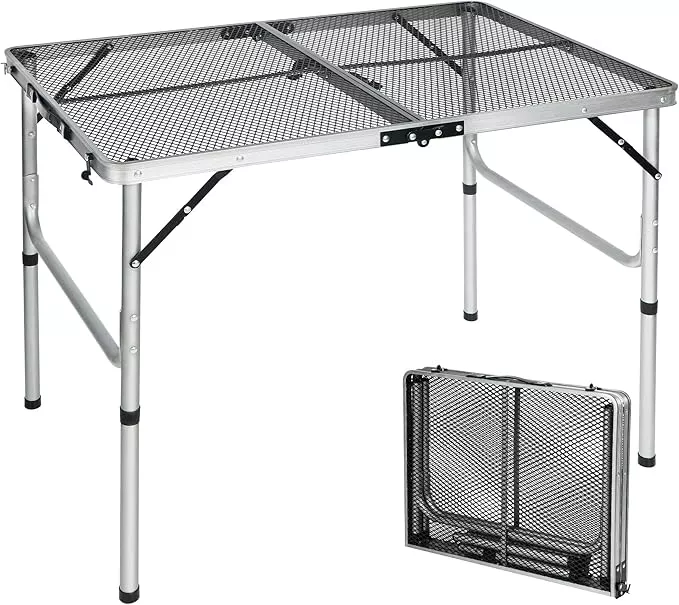 REDCAMP 36x24 Folding Grill Table for Outside, Lightweight Portable Metal Aluminum Outdoor Grill Table with Adjustable Height Legs, Great for Camping Picnic Cooking BBQ, Black 3ft