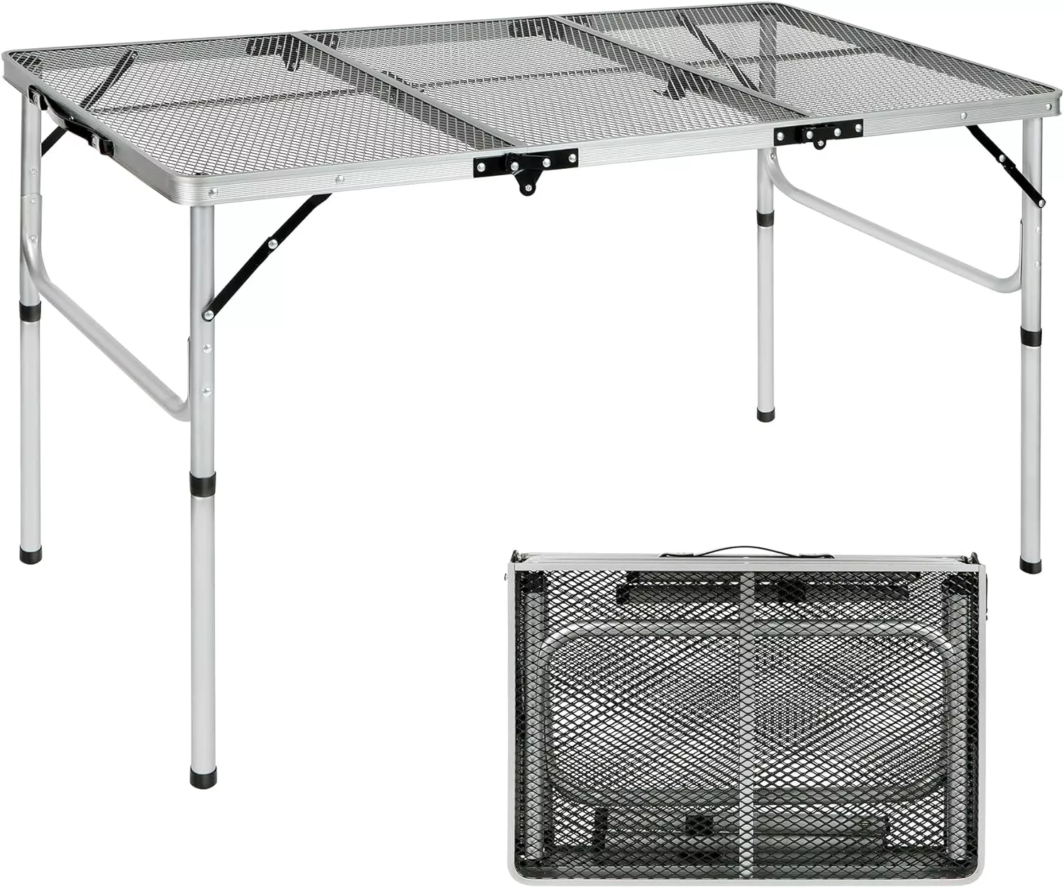 REDCAMP 48x24 Long Folding Grill Table for Outside, Lightweight Portable Metal Aluminum Outdoor Grill Table with Adjustable Height Legs, Great for Camping Picnic Cooking BBQ, Silver 4ft
