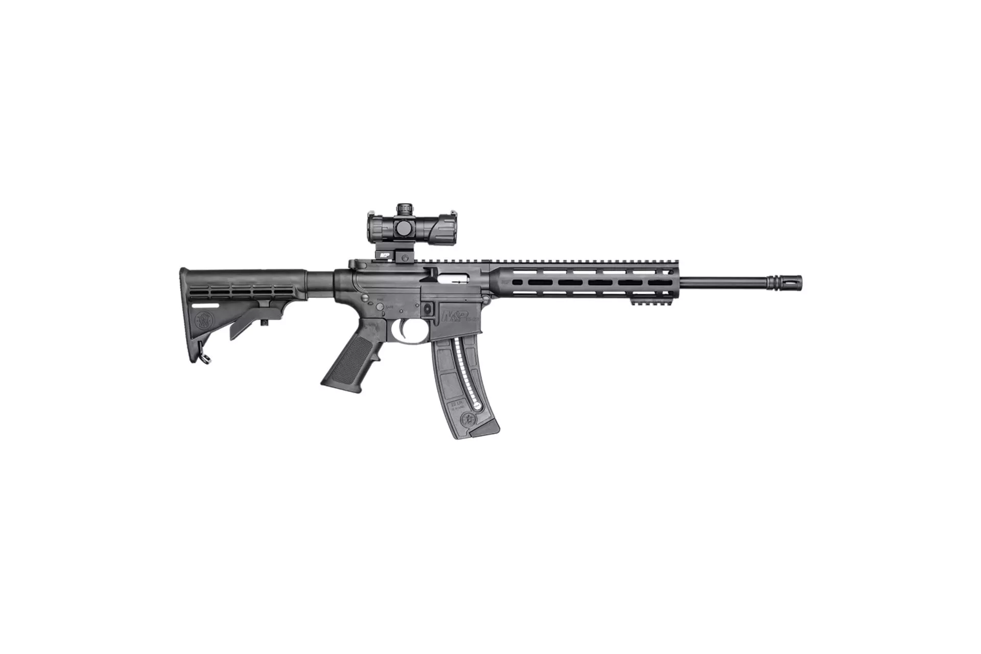 S&W M&P15-22 Sport OR 25 Rounds 22 Long Rifle Semi Auto Rifle – Blue/Black, 16.5″ Barrel, 25 Rounds, Synthetic, 6-Position Stock – 12722