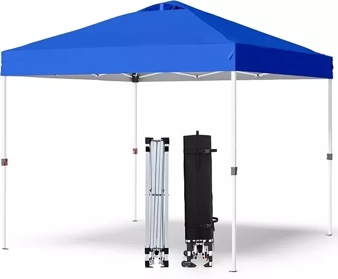 Shades 10x10 Pop Up Canopy with One Push Setup,Heavy Duty Beach Tent with Wheels for Easy Moving, Sun Shelter for Parties,Events, Outdoor Gazebo with 420D Coated Waterproof Blue Fabric
