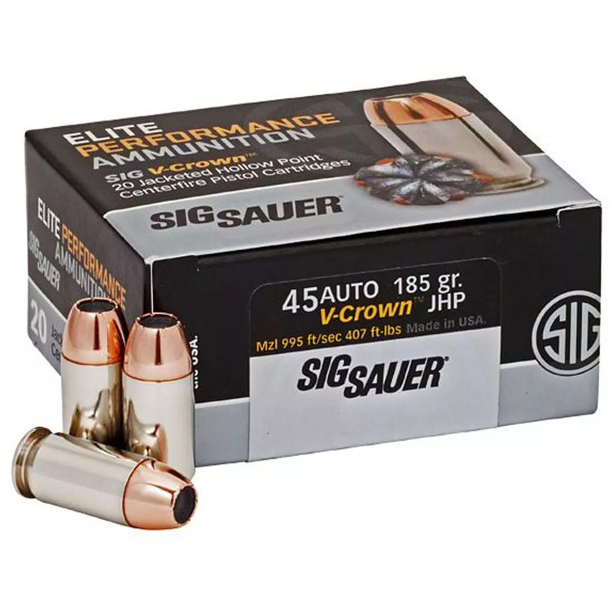 Sig Sauer E45AP0-20 .45 ACP 185Gr JHP Brass Ammo Handgun Ammo – 20 Rounds – E45AP0-20