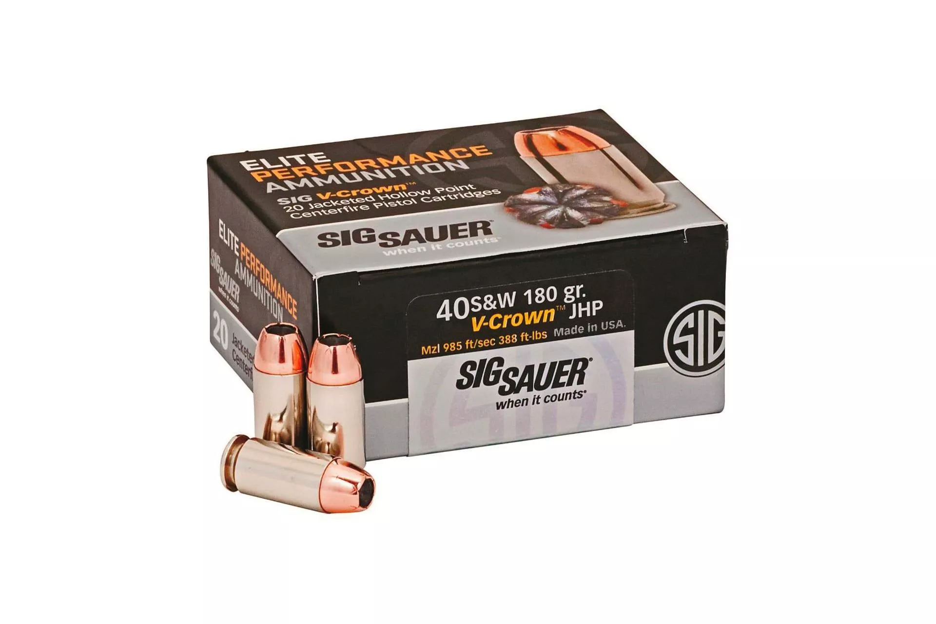SIG Sauer Elite 40 S&W Luger V-Crown JHP 180 Grain Ammo Handgun Ammo – 20 Rounds – E40SW2-20