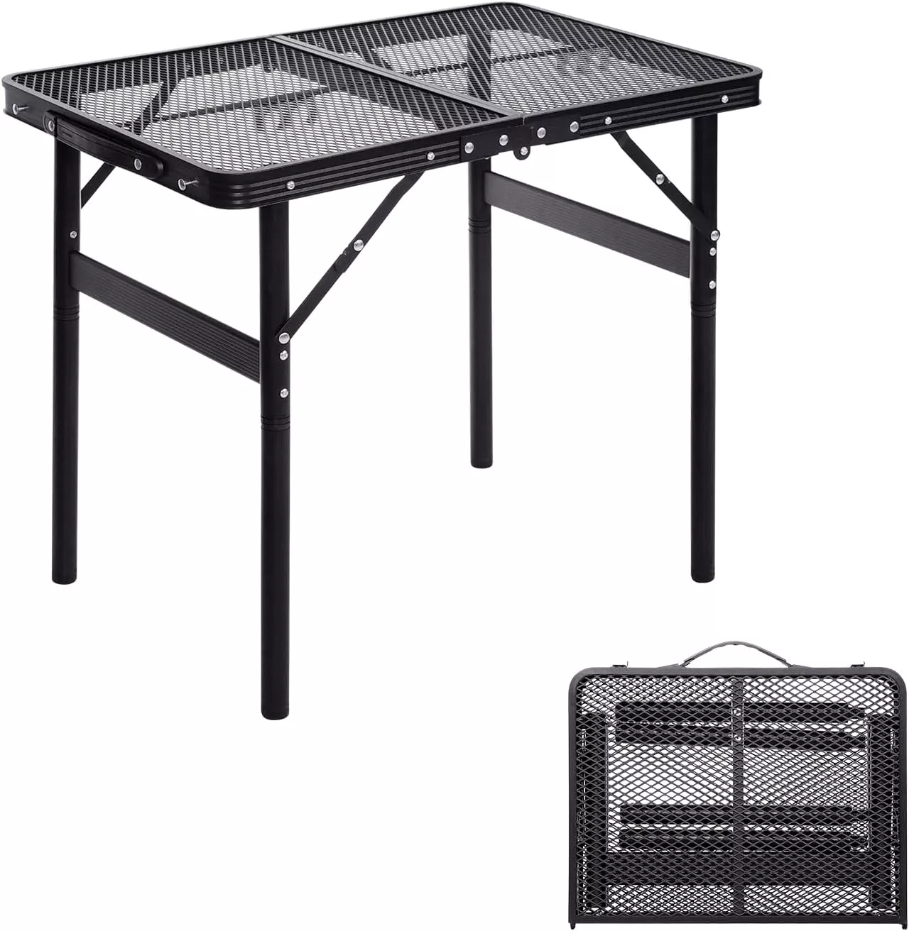 Small Folding Table 2FT Grill Table Foldable Camping Table Picnic Portable Mesh 2 Height Adjustable Outdoor Beach BBQ Black 23.6×15.7× 9.4/20.4inch