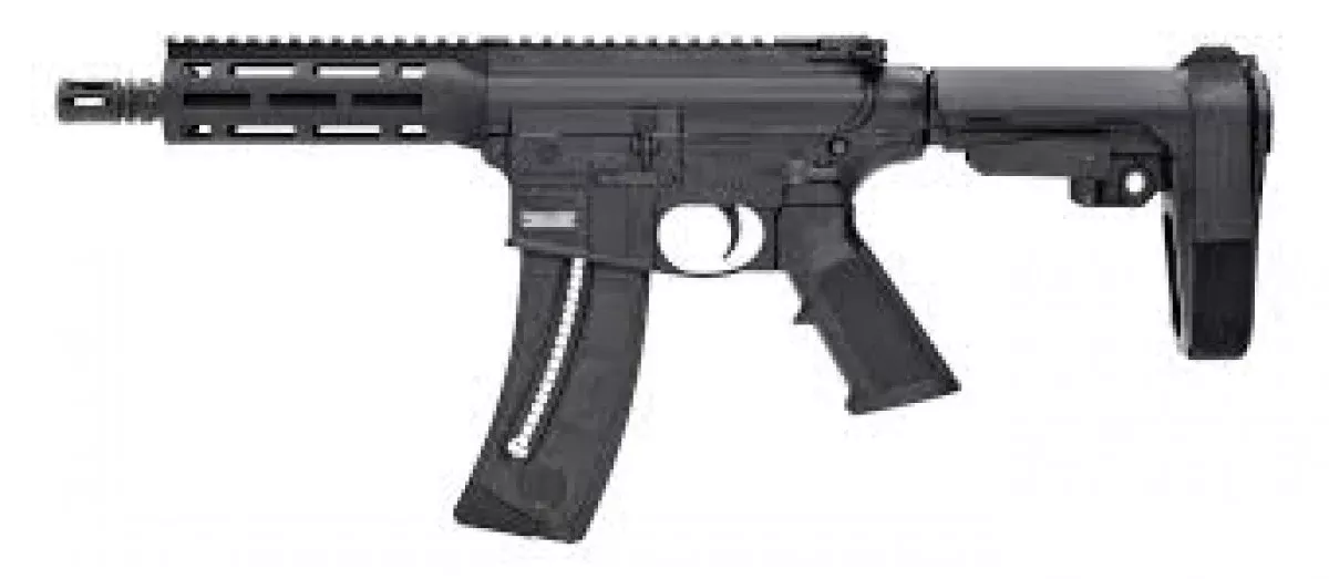 Smith & Wesson 13321 M&P15 Pistol 22 LR 8" Black Carbon Steel Barrel 25+1, Black SB Tactical SBA3 Adjustable Arm Brace Stock, Black Magpul MOE Grip, Manual Safety, Optics Ready