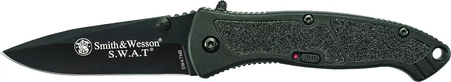 Smith & Wesson Knives SWATMBCP S.W.A.T.3.20″ Folding Plain Black 4034 SS Blade Black Aluminum Handle Includes Pocket Clip