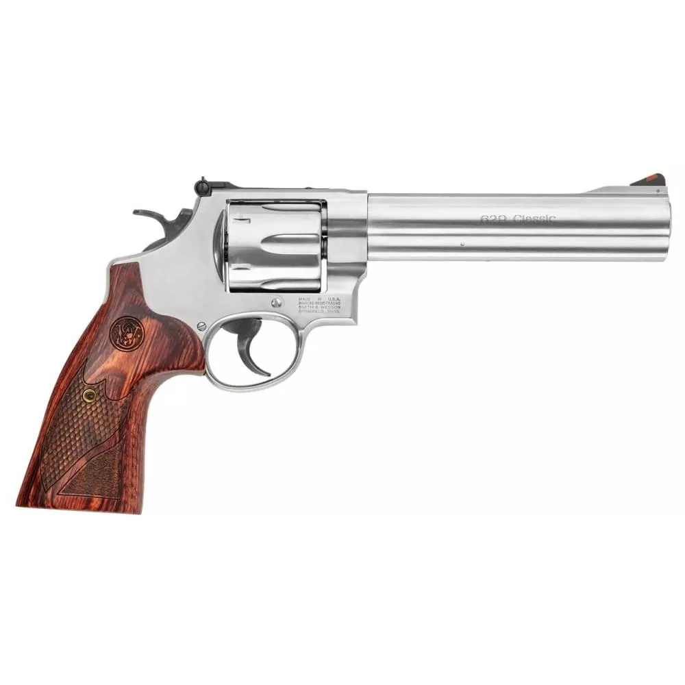 Smith & Wesson N Frame Model 629 Deluxe Handgun .44 Mag 6rd Capacity 6.5″ Barrel Silver with Brown Grip