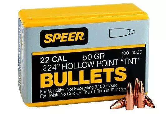 Speer TNT Rifle Bullets .22 cal .224″ 50 gr TNTHP 100/ct