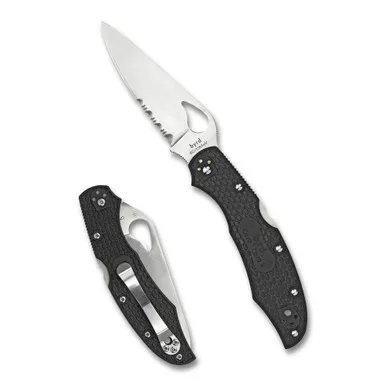Spyderco Byrd, Cara Cara 2, 3.75" Folding Knife, Clip Point, Combo Edge, 8Cr13MoV/Satin, Black, Oval Thumb Hole/Pocket Clip BY03PSBK2