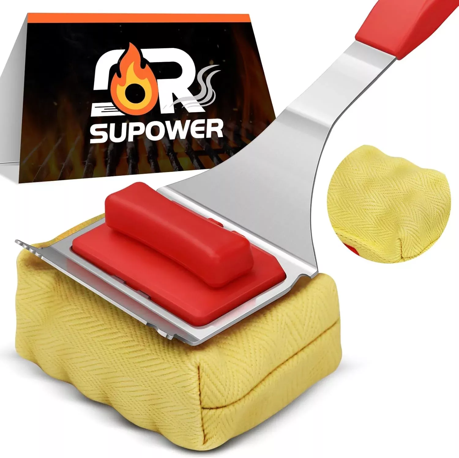 Steam Safe Grill Cleaning Brush Bristle Free and Scraper for Outdoor Grill with 15" Extended Handle, 3X Thick Aramid Fabric Replaceable Brush Heads, Triple-Groove Scraper Design for All Grates, Red