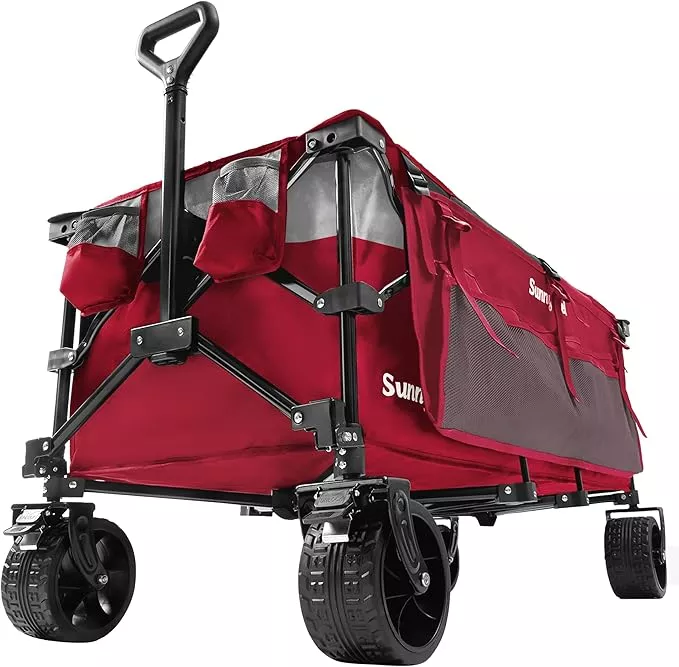 SUNNYFEEL 49''L 550lbs Heavy Duty Wagon Cart Foldable with Wheels,Extra Long Fold Up Wagons Carts with Side Pocket and Brakes for Camping Sports Garden Shopping (Blue)