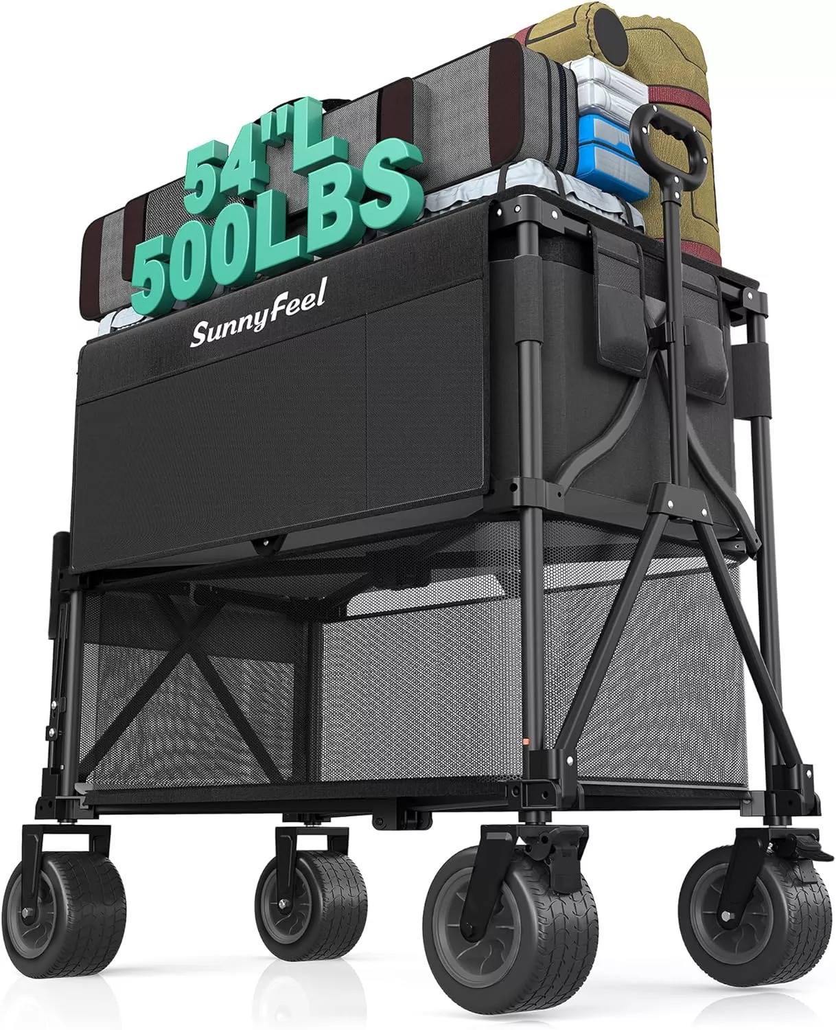 SUNNYFEEL Double Decker Wagon, Collapsible Outdoor Utility Wagon Cart 500LB Capacity Adjustable Handlebar,Foldable Wheels Stable Durable Oxford Fabric for Shopping Garden Camping (Black, Double Deck)