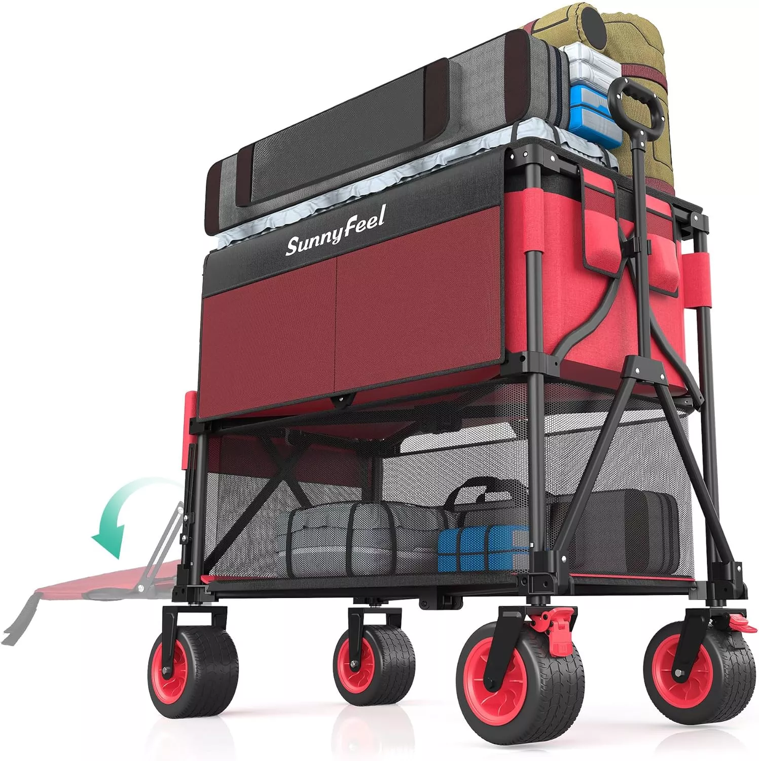 SUNNYFEEL Heavy Duty Collapsible Outdoor Utility Wagon Cart 500LB Capacity Adjustable Handlebar,Foldable Beach Wheels Stable Durable Oxford Fabric for Shopping Garden Camping (Red, Double Deck)