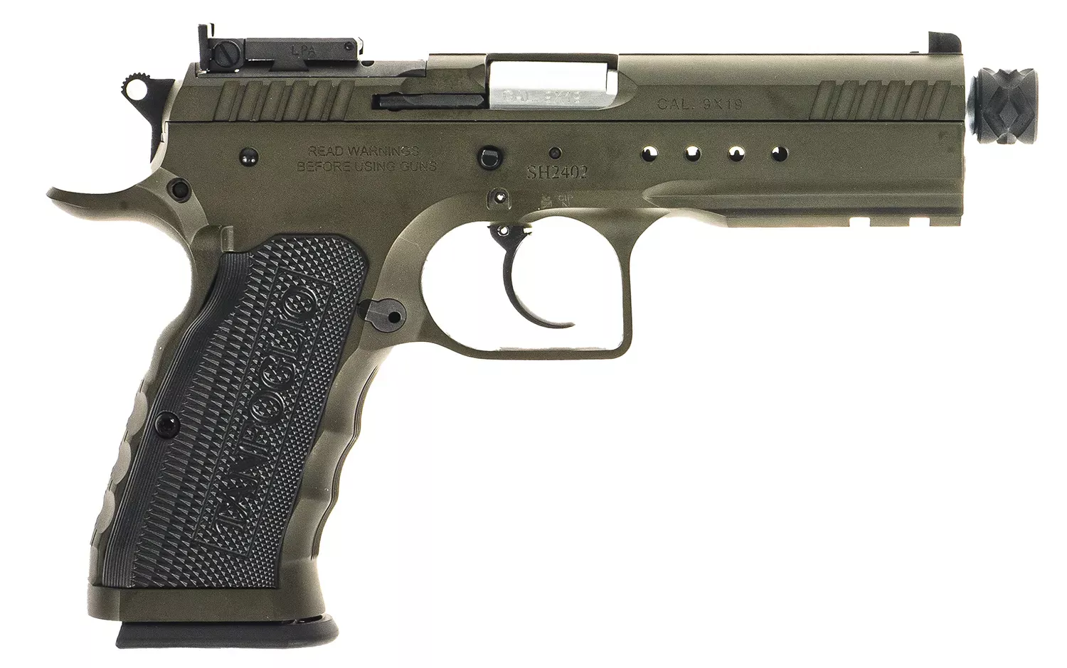 Tanfoglio Defiant Tactical Pro 9mm Luger 20+1 4.50″ Stainless Threaded Barrel, Green Steel Optic Ready/Ported/Serrated Slide, Green Steel Frame W/Beavertail & Picatinny Rail, Black Polymer Grip