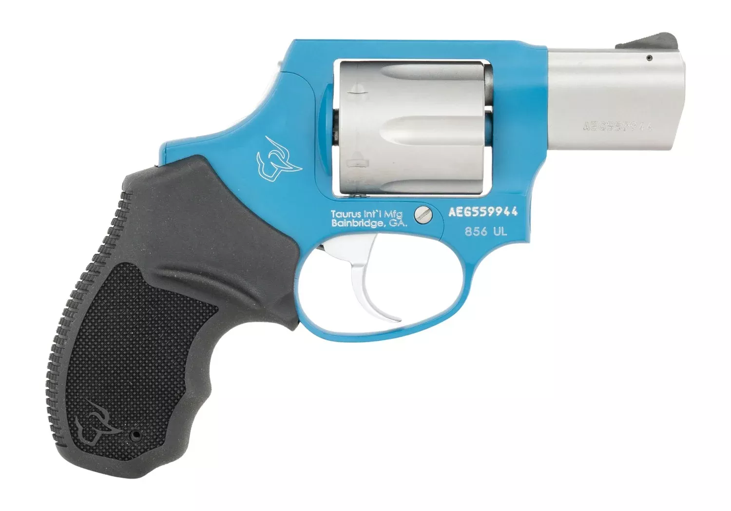 Taurus 2-85629ULC23CH 856 Ultra-Lite Small 38 Special +P 6 Shot 2″ Matte Stainless Barrel & Cylinder, Sky Blue Cerakote Aluminum Frame, Black Ribber Grip, Transfer Bar, Safety Concealed Hammer