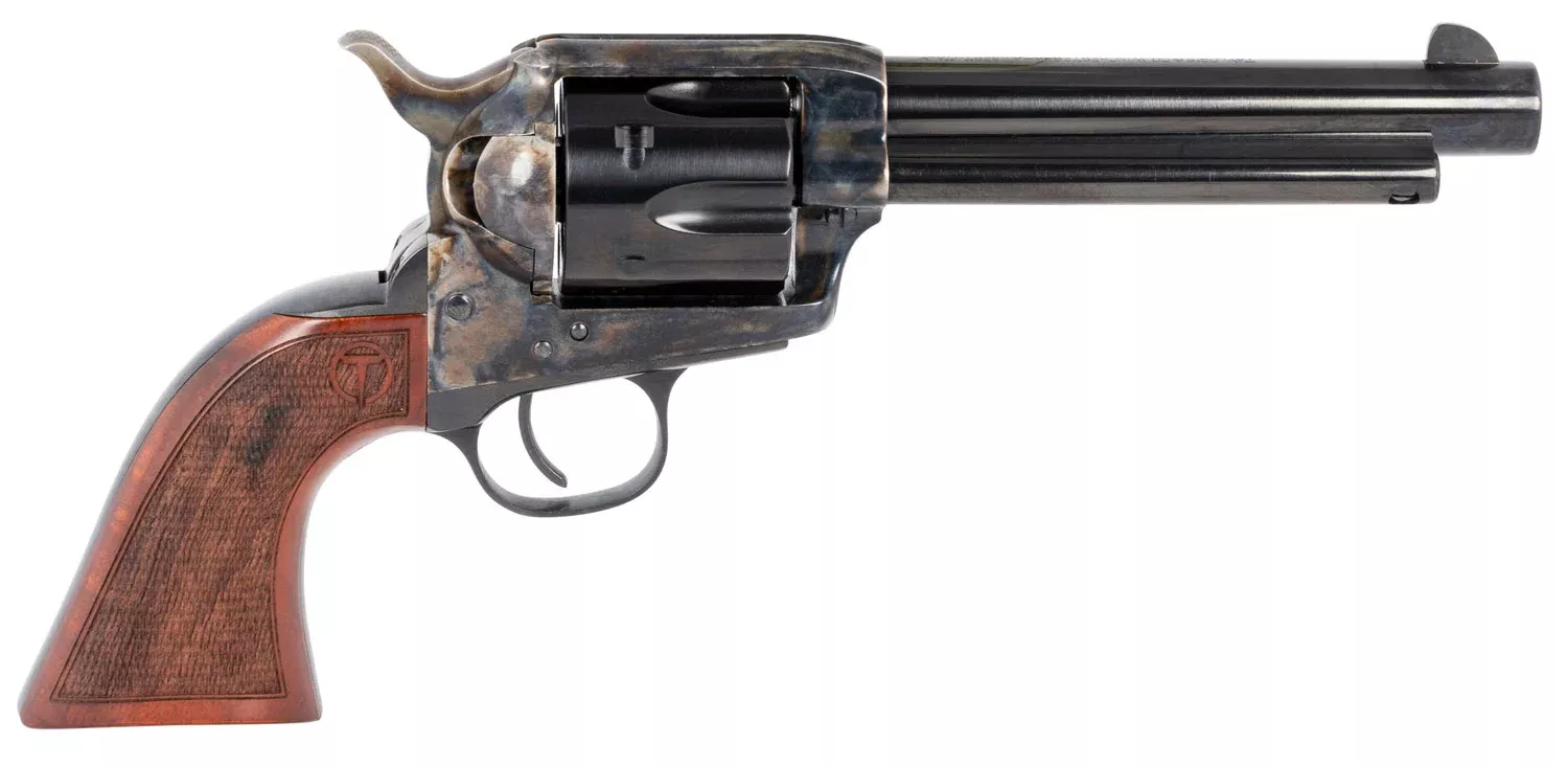 Taylors & Company 550811 Smoke Wagon357 Mag Caliber with 5.50″ Blued Finish Barrel, 6rd Capacity Blued Finish Cylinder, Color Case Hardened Finish Steel Frame & Checkered Walnut Grip