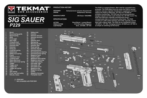 TekMat TEKR17SIGP229 Sig Sauer P229 Cleaning Mat Black/White Rubber 11"x17" Sig P229 Parts Diagram