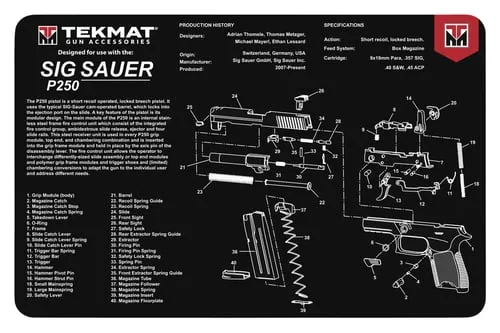 TekMat TEKR17SIGP250 Sig Sauer P250 Cleaning Mat Black/White Rubber 11"x17" Sig Sauer P250 Parts Diagram