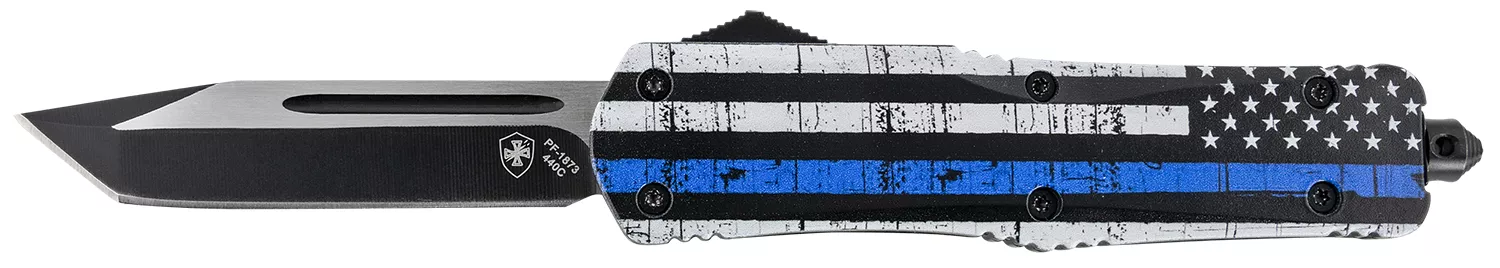 Templar Knife LBTB231 Gen II Back The Blue Large 3.50″ OTF Tanto Plain Black Oxide Stonewashed 440C SS Blade, 5.25″ Black & White w/Blue Line Aluminum Handle, Glass Breaker