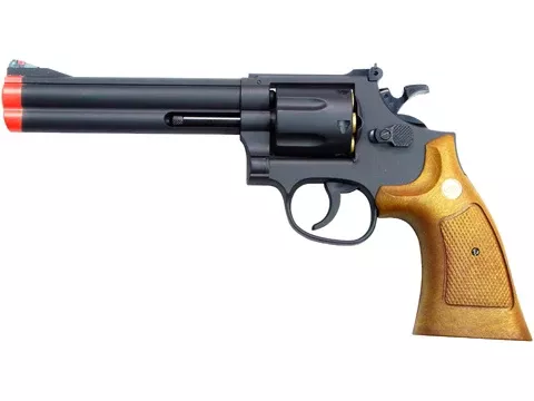 TSD 6 inch Airsoft Spring Powered Revolver - Black with Wood Grip
