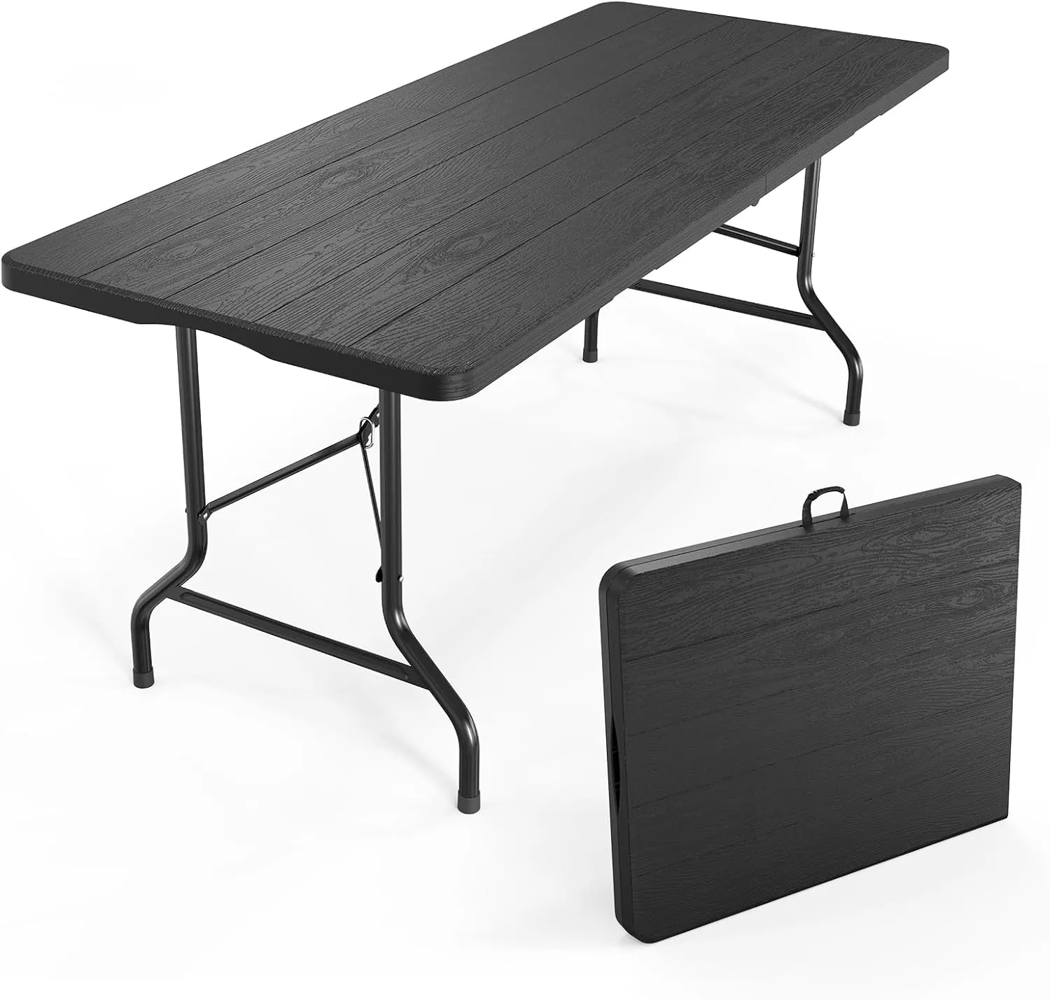 VINGLI 6 Foot Plastic Folding Table Portable Long Table for Indoor Outdoor Use Rectangular with Carrying Handle,Rattan Patterned HDPE Tabletop, Brown
