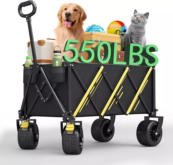 Wagons carts Foldable,Collapsible Wagon Foldable Wagon, Gather Heavy Duty Garden cart, Portable cart,Pets carts,with Large All-Terrain Beach Wheels and Drink Holder for Sports, Shopping, Camping