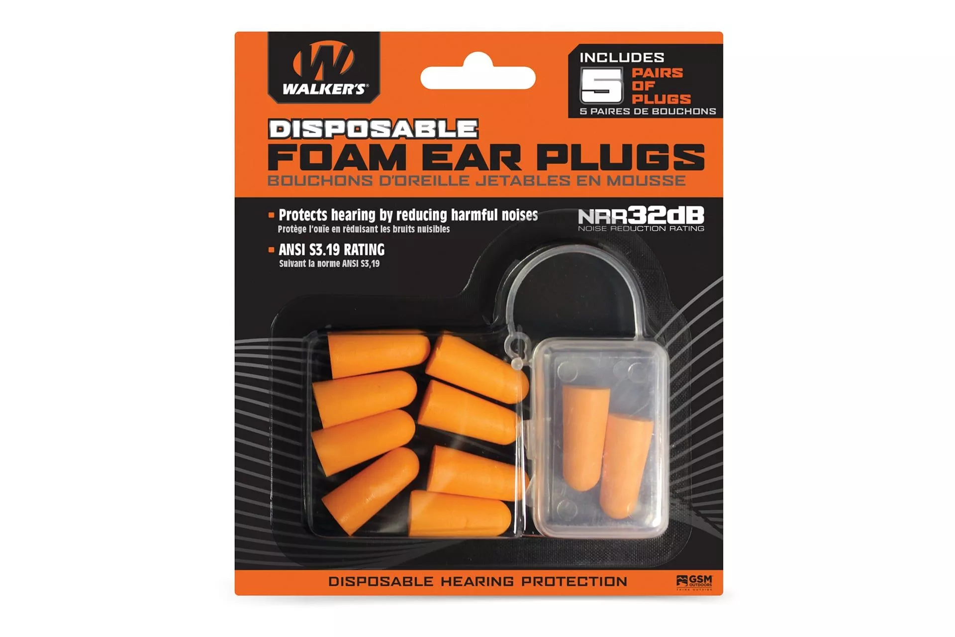 Walker’s Ear Plug Foam Orange 5 Pairs per Pack Includes Plastic Storage case – WALGWP-FP5PK
