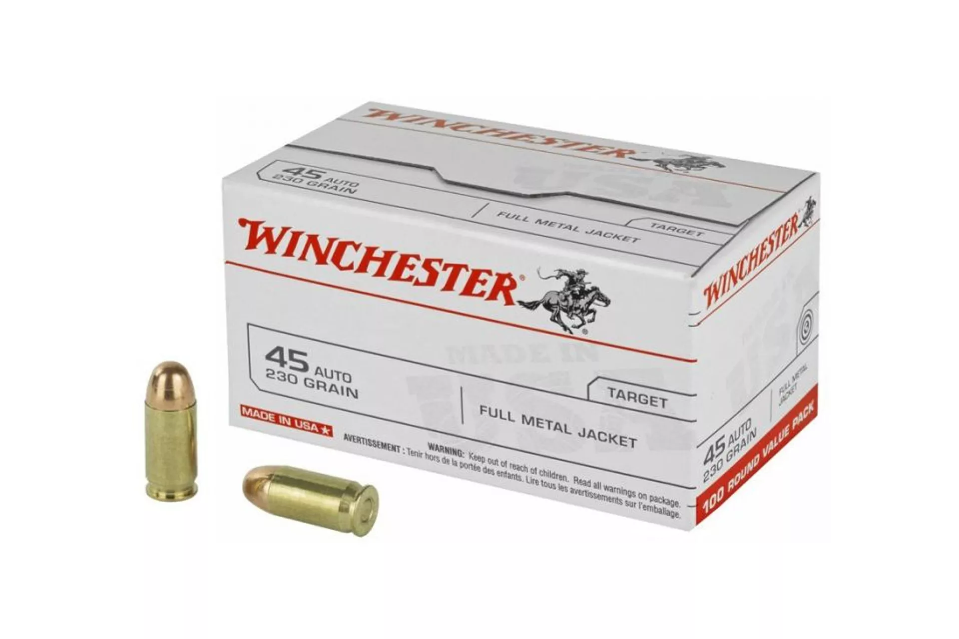 Winchester Ammunition USA 45ACP 230 Grain FMJ Handgun Ammo – 100 round box – USA45AVP